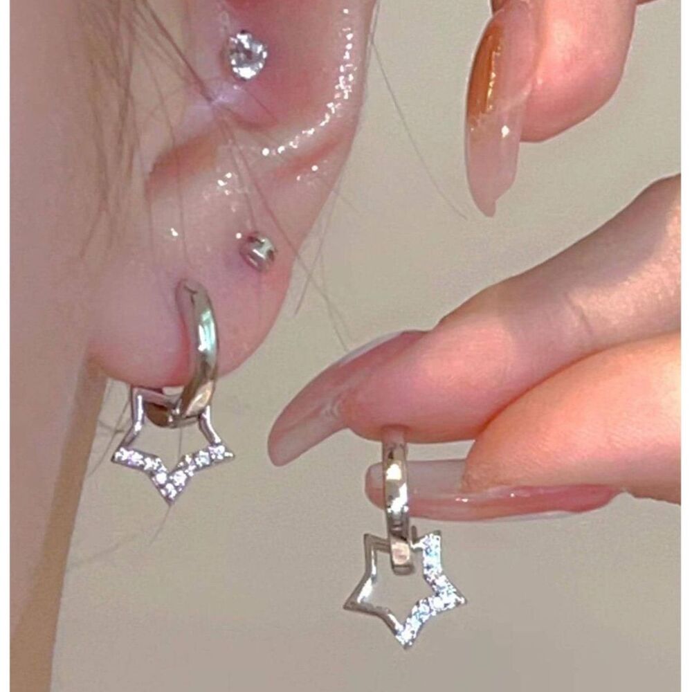 Silver Stainless Crystal Star Drop Hoop Earrings Dainty Dangle Pendant Charm New